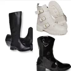 Bota de cano alto preta+Bota conturno branco feminino 3 fivelas+bota cano médio feminina em material sinético preta