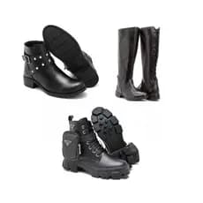 Bota feminina cano alto preta+ botinha feminina preta com fivelas+ bota feminina cano médio com bag lateral