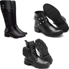 Bota de cano alto preto feminino+bota preta com bag lateral preta+bota feminina preta cano curto com fivela