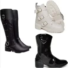 Bota de cano alto preta+Bota conturno branco feminino 3 fivelas+bota cano médio feminina em material sinético preta
