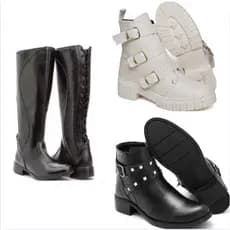 Bota de cano alto preta+Bota conturno branco feminino 3 fivelas+bota feminina cano curto com fivelas