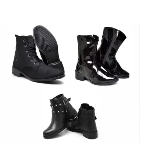 Bota texana feminina preta+ botinha feminina preta com fivelas+ Bota coturno feminina preta cano médio com cadarço