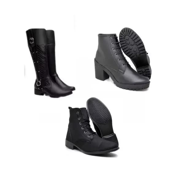Bota feminina cano alto preta com fivelas+ bota feminina com salto grosso preta+ bota coturno feminina cano médio preta