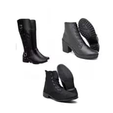 Bota feminina cano alto preta com fivelas+ bota feminina com salto grosso preta+ bota coturno feminina cano médio preta