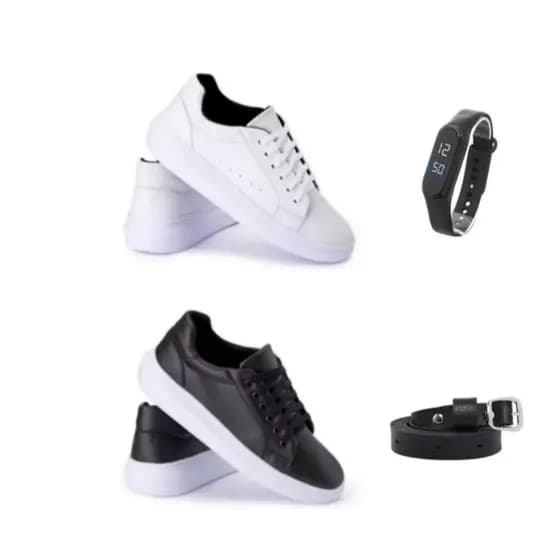 Tênis casual masculino branco+ tênis casual masculino preto sola branca+ cinto+ relógio