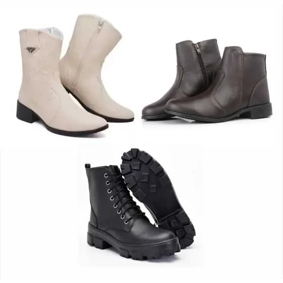 Bota texana feminina+ Bota cano médio tratorado preta feminina+ Botinha feminina cano baixo marrom