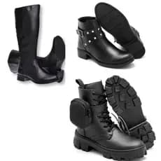 Bota de cano alto preto feminino+bota preta com bag lateral preta+bota feminina preta cano curto com fivela