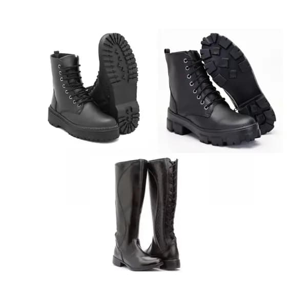 Bota cano alto feminina preta+ bota feminina sola reta preta+ bota feminina tratorado preta