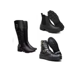Bota cano alto feminina preta+ bota cano médio preta com fivelas+ bota feminina de borracha preta