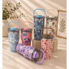 Garrafa Copo Térmico 600ml/900ml Com Canudo Alça e Tampa Parede Dupla Antivazamento Estampado Viagem Academia
