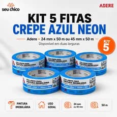 Kit 5 Fitas Crepe AZUL NEON ADERE 24mm 45mm Larga Fina Para Pintura Imobiliária Atacado