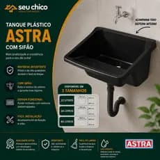 Tanque 40L 34L ou 22L Astra Preto Kit Instalação Completo Válvula e Sifão Pia Lavanderia Lava Roupa