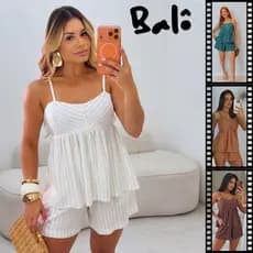 Conjunto Listrado Feminino Regata Shorts Casual Elegante Confortável Blusinha de Alças Soltinho
