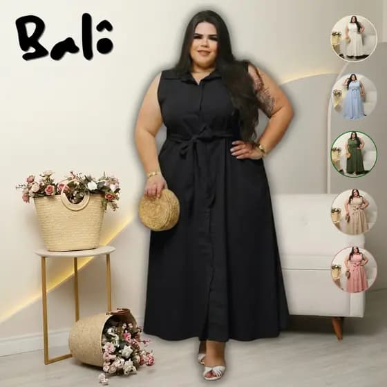 Vestido Longo Feminino Plus Size Sem Manga com Botões Frontais e Faixa na Cintura Elegante