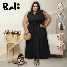 Vestido Longo Feminino Plus Size Sem Manga com Botões Frontais e Faixa na Cintura Elegante