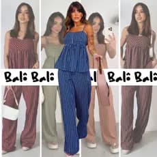 Conjunto Listrado de Calça Pantalona e Blusa Batinha Feminino Alças Verão Linho Marrante Alfaiataria