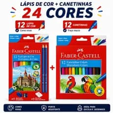 Kit Lápis de Cor 12 Cores + Canetinha Hidrográfica Faber-Castell Original Escolar