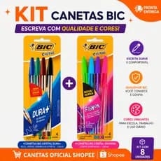 Kit 8 Canetas Bic Cristal Original – 4 Fashion Coloridas 1.2mm + 4 Cristal Dura+ 1.0mm Cores Sortidas
