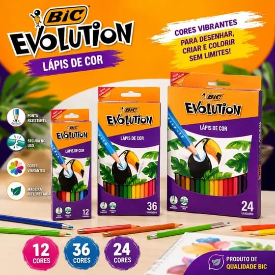 Lápis de Cor BIC Evolution Original 12, 24 ou 36 Cores Escolar Resistente Para Desenho Colorir
