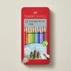 Lápis de Cor Faber-Castell Grip Triangular 12 Cores Original Estojo Metálico Escolar Desenho