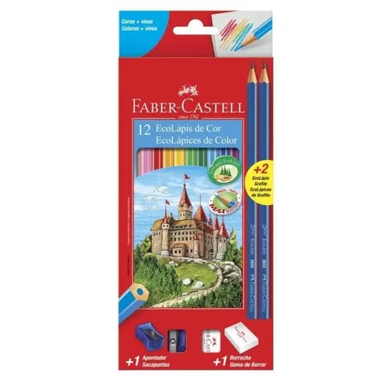 Lápis de Cor Faber-Castell 12 Cores EcoLápis Sextavado Escolar Original 120112+2N