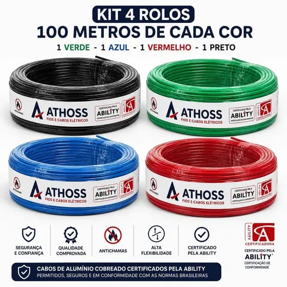 4 rolos Cabo Flexivel Fio 1x2,5mm - 400metros - azul - preto - vermelho - verde CERTIFICADO ABILITY