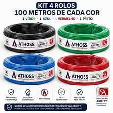 4 rolos Cabo Flexivel Fio 1x2,5mm - 400metros - azul - preto - vermelho - verde CERTIFICADO ABILITY