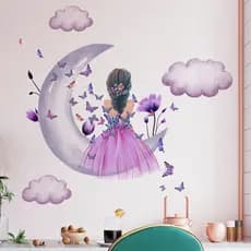 Adesivo de Parede com Lua, Borboleta e Flor para Meninas, Decoração de Parede para Sala de Estar, Adesivo de Parede
