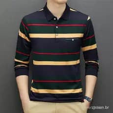 Nova camisa polo masculina casual de manga comprida com listras e xadrez, camisa polo de cor sólida com estilo moderno.