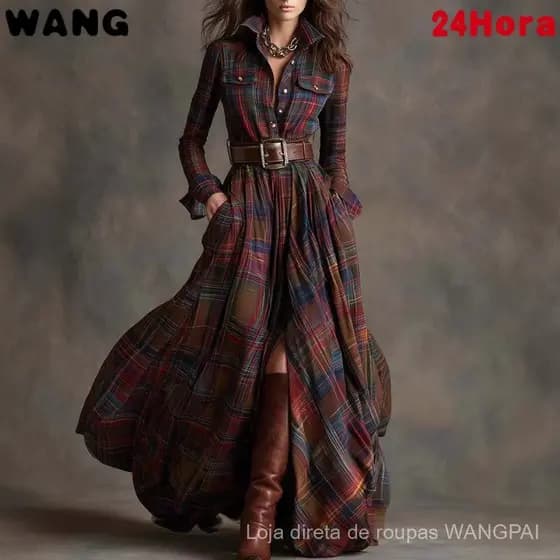 Vestido Longo Irregular Xadrez Retrô Feminino E2OC