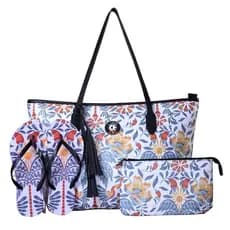 Kit Verão Feminino Completo – Bolsa Praia + Chinelo + Necessaire Estilo Tropical Luxo Palmeira