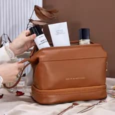 Bolsa Maquiagem Portátil Dupla Camada em PU Grande Capacidade