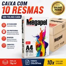 Caixa 10 Unidades Papel Sulfite A4 75g 5000 folhas - Megapel