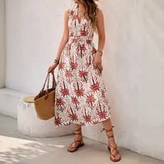 [100% roupas] Novo estilo férias estilo sem mangas planta Tropical estampada com decote em v vestido grande Swing