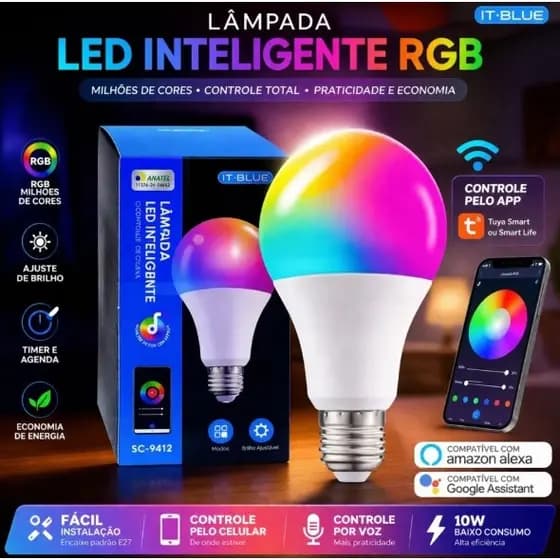 Lâmpada Inteligente RGB Tuya 10W Wi-Fi/Bluetooth | LED Colorida Automação Casa Smart Bivolt