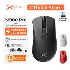 DELUX M900 Pro  Mouse Gamer Ergonômico Sem Fio/Com Fio – PAW3395, 63g, Dock 8K, Ice Coating, BK3633, 500mAh