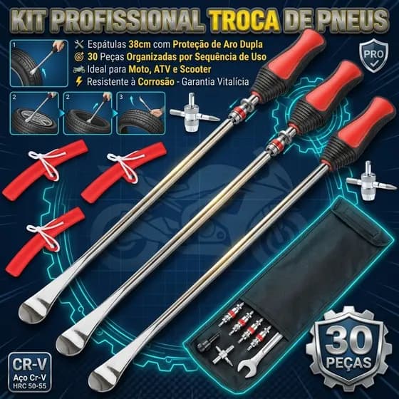 Kit Profissional Troca De Pneus 30 Pçs Espátulas 38cm Com Protetor De Aro E Saca Válvula Para Moto E Atv