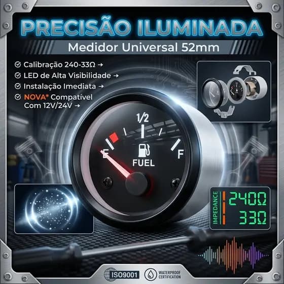 Medidor Nível De Combustível 52mm 2 Polegadas 240-33 Ohms Universal 12v Branco/Preto Com Luz Led