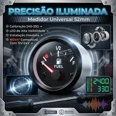 Medidor Nível De Combustível 52mm 2 Polegadas 240-33 Ohms Universal 12v Branco/Preto Com Luz Led