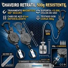 2 Chaveiro Retrátil Pesado Cabo de Aço 81cm Suporta 500g Porta Crachá Magnético com Mosquetão
