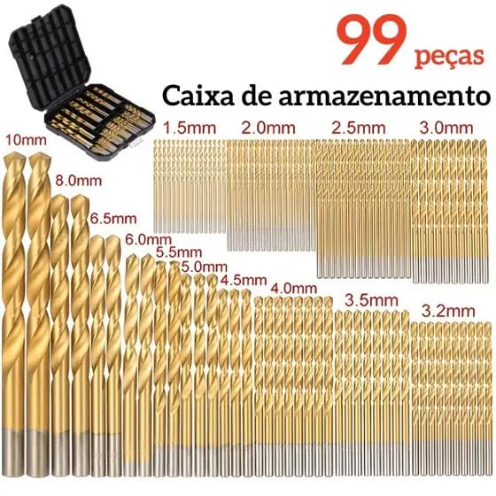 Jogo de brocas 99 unidades 1,5 a 10 mm titânio Forte e durável para liga de alumínio cobre plástico madeira