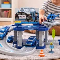 BRINQUEDO PISTA POLICIA/BOMBEIRO ESTAÇAO INFANTIL COM 16 PEÇAS AZUL/VERMELHO CARRINHOS HELICOPTERO