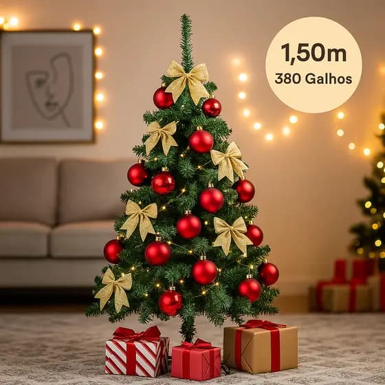 Árvore de Natal Luxo 1,50m com 380 Galhos Verde Árvore Tradicional em PVC com Base de Ferro