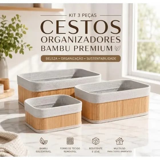 🧺Kit 3 Cestos Organizadores de Bambu Organizador Multiuso para Cozinha Banheiro Quarto e Escritório