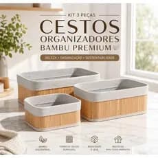 🧺Kit 3 Cestos Organizadores de Bambu Organizador Multiuso para Cozinha Banheiro Quarto e Escritório