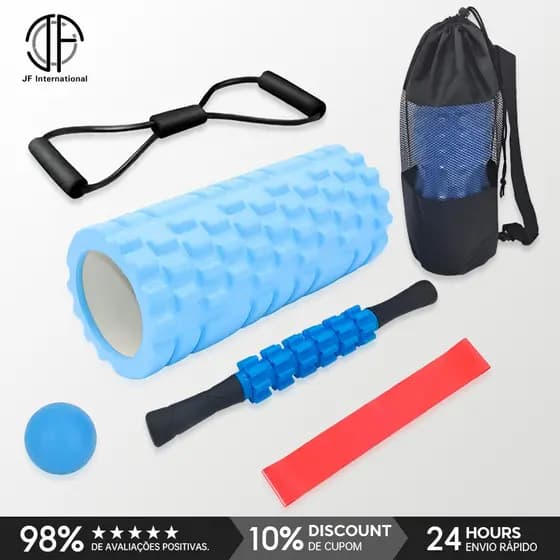 JF Kit Completo 5x1 Lorben Rolo de Massagem Bastão Miosfascial Bola Lacrosse Faixa Elástica Band Bolsa
