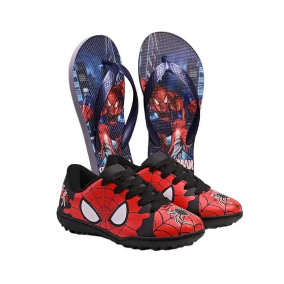 Kit Infantil Menino Chuteira Salão E Chinelo Heróis Premium Aranha E Morcego