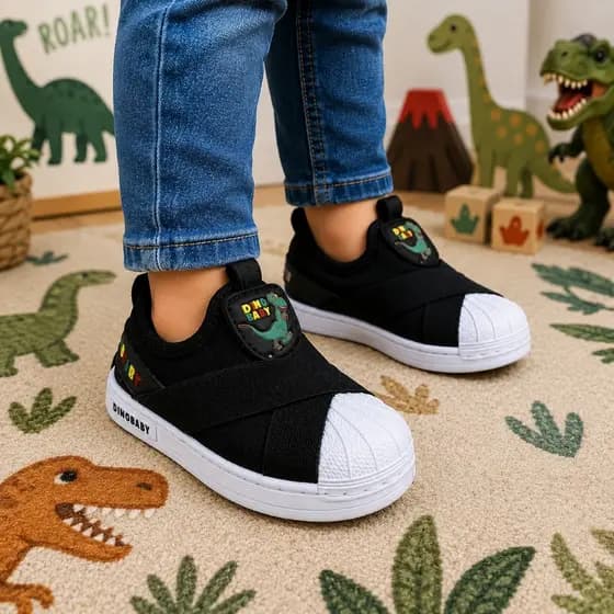 Tênis Infantil Dinossauro Slip On Menino Menina Confortável Casual Escolar Costurado Dino Baby