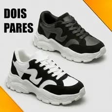 Dois Tenis Estilosos Feminino Lyron Chunky Sola Plataforma Tratorado Luar Branco e Preto