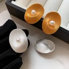 Brincos de pérola em forma de leque de Metal, ouro, prata, duas cores, luz francesa, brincos de luxo, estilo grande, ros